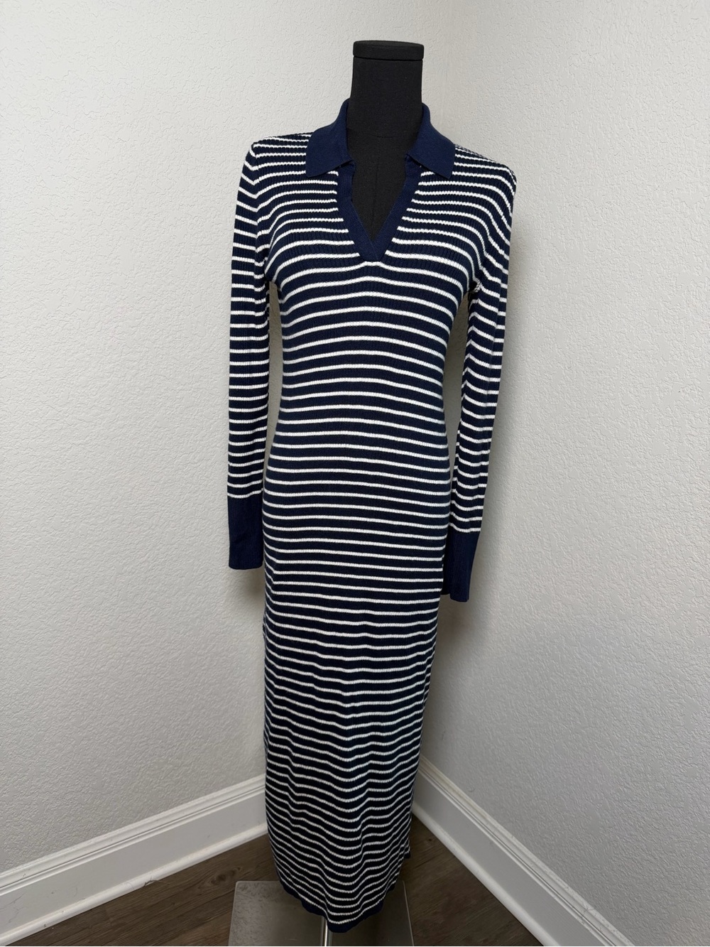 LOFT Navy and White Striped Polo-Style Maxi Dress